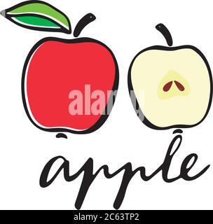 Ein roter Apfel, und ein Apfel im Schnitt. Flache Vektorgrafik. Schriftzug Wort Apfel. Stock Vektor
