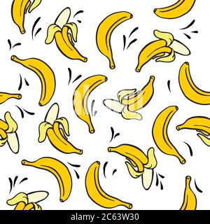 Hintergrund nahtlos von offenen und ganzen Bananen . Sich wiederholende Elemente. Spritzer und Tropfen. Stock Vektor