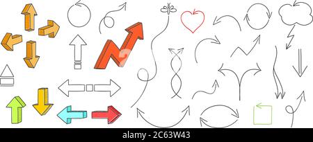 Pfeile gesetzt. Handgefertigter Stil. Pfeile mit 3D-Effekt. Herz, Wolke und Insekt im Flug. Vektorgrafik. Stock Vektor