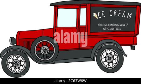 Shop auf Rädern. Auto mit Werbung, rote Oldtimer. Alphabet, Buchstaben von Hand geschrieben Stock Vektor