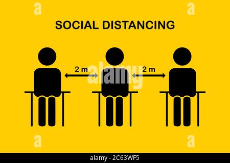 Social Distancing Coronavirus COVID-19 Pandemiekonzept.Menschen in der Öffentlichkeit sitzen, dass ein Mensch auf dem einen Tisch sitzen.Keep Safe Entfernung 2 Meter.N Stock Vektor