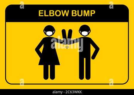 Symbol für „Ellenbogenstoß begrüßen“. Menschen vermeiden einen Händedruck, wenn sie sich im Büro treffen. Ein Mann und eine Frau in medizinischen Masken pflegen eine soziale Distanz bei der Arbeit. Stock Vektor
