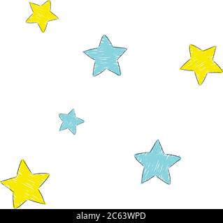 Mehrere niedliche fünf-Punkte-Sterne in verschiedenen Größen. Gelbe und blaue Sterne, mit einem Marker übermalte Kritzeleien. Vektor Stock Vektor