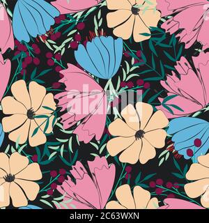 Nahtloses Muster auf schwarzem Hintergrund. Von Blumen, Beeren, Blättern und Zweigen von Fantasiepflanzen. Wildfeldblumen. Vektorgrafik Stock Vektor