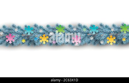 Festliche Tannenzweige. Weihnachtsdekoration. Rahmen, Banner. Blaue Fichte.realistischer Vektor. Stock Vektor