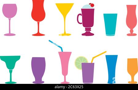 Silhouetten von Cocktail-, Wein- oder Sektgläsern. Strohhalm. Vektorset. Stock Vektor