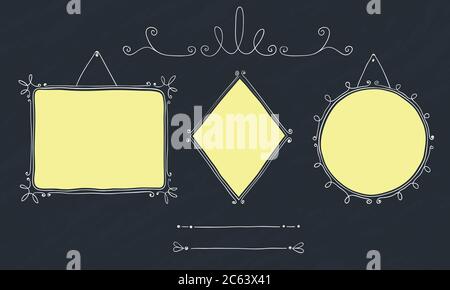 Fotorahmen Vintage, Doodle-Stil. Rahmensatz. Rhomb, runde und rechteckige Rahmen mit Locken verziert. Stock Vektor