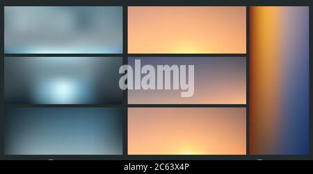 Satz natürlicher Farbverläufe. Sonnenaufgang und Sonnenuntergang, Strand Sand. Wasser und Metall. Vektor Stock Vektor