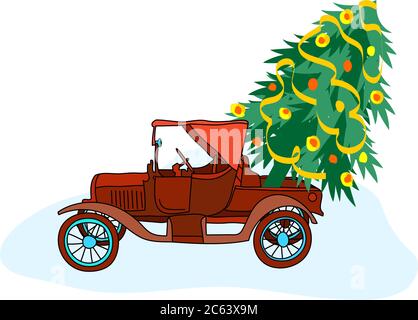 Oldtimer-Zeichnung. Einfaches Vektordesign, einfach zu bearbeiten. Vintage roten Auto trägt einen Weihnachtsbaum. Vektorgrafik Stock Vektor