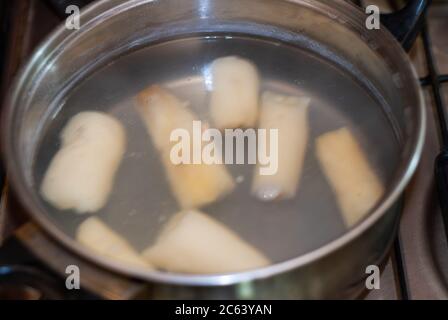 Manihot esculenta, Manihot in einem Topf mit kochendem Wasser kochen. Maniok, auch Mandioca, Yuca, Balinghoy, mogo, Mantoca, Kamoteng kahoy, tapioc genannt Stockfoto