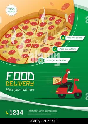 Food Delivery Service Poster mit Motorrad und Platz für Ihren Text auf grünem Hintergrund Stock Vektor