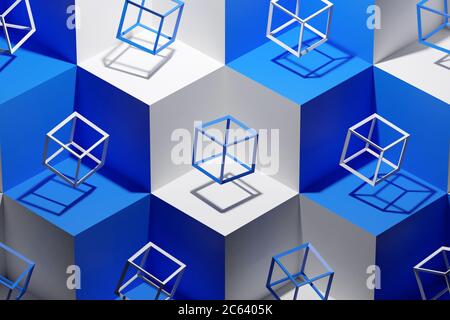 3D-Illustration volumetrischer weißer und blauer Würfel auf einem geometrischen monophonen Hintergrund. Parallelogramm-Muster. Technologie Geometrie Neon Hintergrund Stockfoto