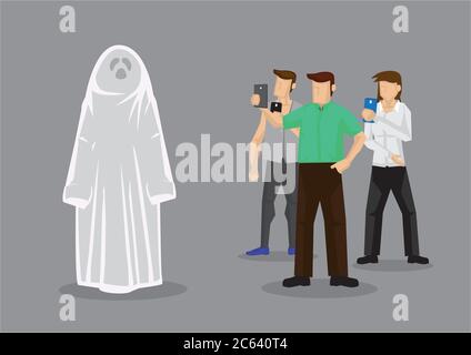 Fotografen mit Handys zu fotografieren, von jemandem in Halloween-Geist-Kostüm. Vektordarstellung auf grauem Hintergrund isoliert. Stock Vektor