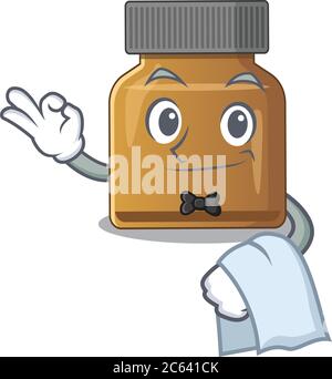 Ein Cartoon-Bild von Flasche Vitamin B Kellner mit einer weißen Serviette Stock Vektor