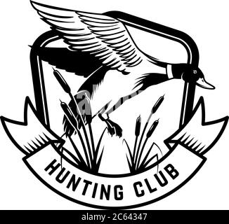 Jagdclub. Emblem-Vorlage mit Wildente. Gestaltungselement für Poster, Karte, Banner, Flyer. Vektorgrafik Stock Vektor