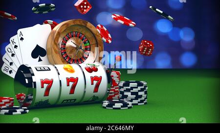 3D-Illustration des Casino-Konzept Hintergrund mit slot-Walzen, fliegende Chips, Würfel, Roulette-Rad und Royal Flush-Karte Kombination auf grünen Casino-Tisch Stockfoto