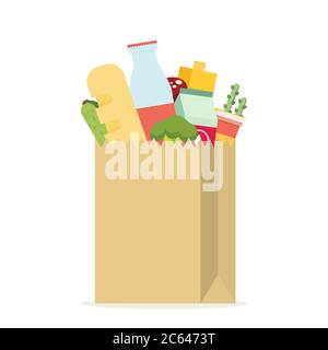 Papiertüte, Paket mit Lebensmitteln und Getränken. Flache Darstellung farbiger Vektor Stock Vektor