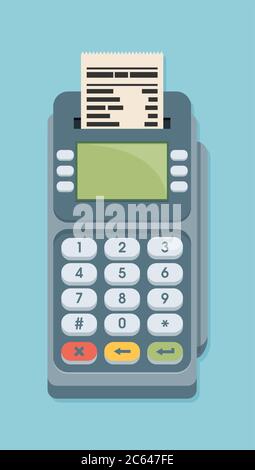 POS-Terminal in flacher Ausführung auf blauem Hintergrund. Zahlungsterminal. Kreditkartenautomat. Vektorgrafik. Stock Vektor