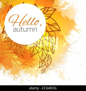 Herbst-Vektor-Cover mit Doodle Blätter und gelb und orange Blobs für Ihr Unternehmen Stock Vektor