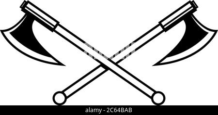 Illustrationen von gekreuzten Holzfällerhatetten in Gravurstil. Designelement für Logo, Etikett, Emblem, Schild. Vektorgrafik Stock Vektor