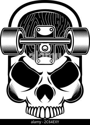 Illustration von Skateboard mit Totenkopf. Design-Element für Logo, Label, Schild, Poster, T-Shirt. Stock Vektor