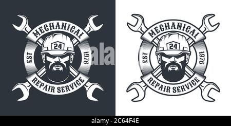 Reparatur-Service Retro-Emblem mit Bart Mann in Hut, Schlüssel und Band Stock Vektor