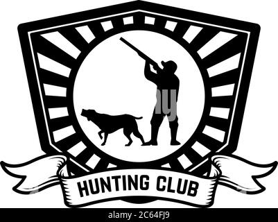 Vorlage für das Jagdverein-Emblem. Jäger mit Jagdhund. Gestaltungselement für Logo, Etikett, Schild, Plakat, Banner. Vektorgrafik Stock Vektor