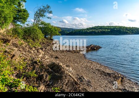 Der Rursee, Stausee im Nationalpark Eifel, Nordostküste bei Heimbach, nahe dem Rurdamm Schwammenauel, NRW, Deutschland, Stockfoto