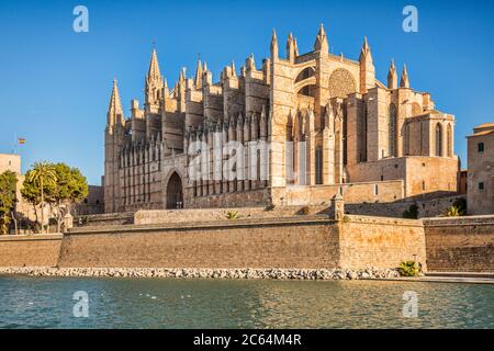 6. März 2020: Palma, Mallorca, Spanien - Parc de la Mar und Kathedrale von Mallorca. Stockfoto