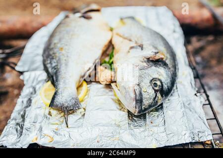 Zwei dorado Fisch auf Folie in Marinade und mit Zitrone vor dem Braten Stockfoto