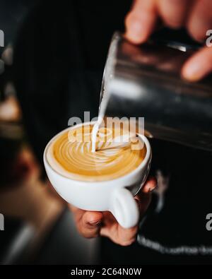 Der professionelle Barista gießt weißen Milchschaum in eine Tasse Kaffee - die Kunst des Brauens von exzellentem Cappuccino Stockfoto