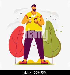 Mann trinkt Kaffee und plaudert. Stock Vektor