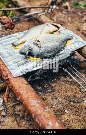 Braten dorado Fisch mit Zitrone über einem offenen Feuer - vegetarisches Gericht - Camping-Essen Stockfoto