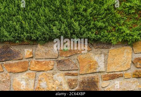 Steinmauer in einem warmen Ton am unteren Rand des Bildes und grüne Vegetation an der Spitze. Stockfoto