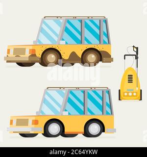 Auto waschen Web-Banner in flacher Stil. Vektor-Illustration mit Auto, Werkzeug für die Hand Autowäsche. Stock Vektor
