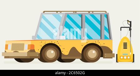 Auto waschen Web-Banner in flacher Stil. Vektor-Illustration mit Auto, Werkzeug für die Hand Autowäsche. Stock Vektor