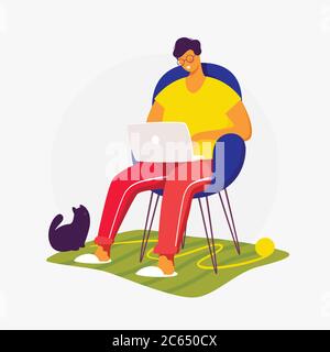 Ein Freiberufler, der zu Hause mit Katze arbeitet. Stock Vektor