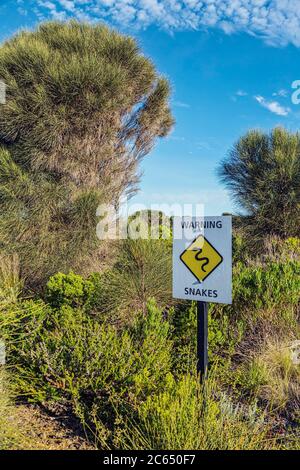 Schild neben dichtem Unterholz Warnung vor Schlangen. Fotografiert auf der Great Ocean Road, Victoria, Australien. Stockfoto