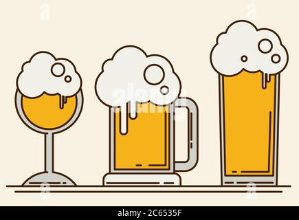 Satz Bier Symbole. Bierflasche, Glas, Pint. Oktoberfest. Vektor-flache Abbildung isoliert auf weißem Hintergrund. Stock Vektor
