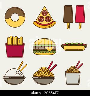 Fast Food-Symbole: burger und Pommes, Pizza, Hot Dog, Eis, chinesisches Essen und Donut. Flache Vektorgrafik. Stock Vektor