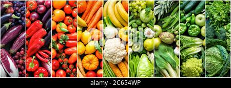 Panorama Food Hintergrund mit Sortiment von frischen Bio-Obst und Gemüse in Regenbogenfarben Stockfoto