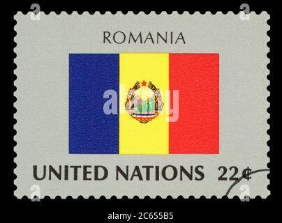 RUMÄNIEN - Briefmarke der rumänischen Nationalflagge, Serie der Vereinten Nationen, um 1984. Stockfoto