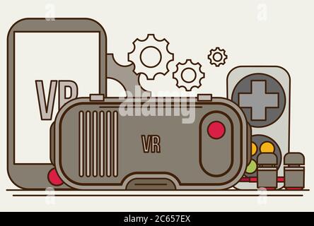 Virtual Reality-Headset. VR-Technologie Brille flach Icon Set. Stock Vektor