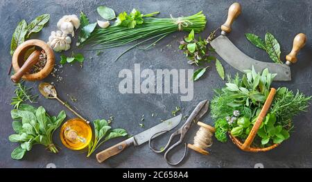 Verschiedene frische Kräuter aus dem Garten mit Küchenutensilien auf rustikalem Tisch. Draufsicht mit Kopierbereich Stockfoto