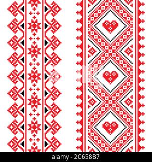 Traditionelle ukrainische und weißrussische Volkskunst Vektor-Muster - vertikale nahtlose Kreuz-Stich-Design in rot und schwarz Stock Vektor