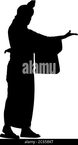 Schwarze isolierte Silhouette einer japanischen Frau, die einen traditionellen Tanz in einer Yukata vorführt Stock Vektor