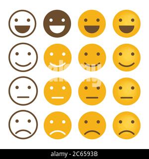 Lächeln Emotionen Symbole Vektor, einfache flache runde Gesichter Zeichen in verschiedenen Stilen. Stock Vektor