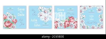 Set von Vorlagen Einladungen, Banner, kreative Cover, Poster, Grußkarten, Flyer mit bunten abstrakten Blumenmuster mit Blumen von Rosen und Stock Vektor