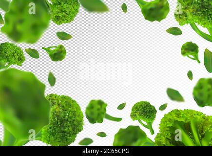 Brokkoli Hintergrund. Fliegender frischer Brokkoli-Kohl mit grünem Blatt auf transparentem Hintergrund. 3D realistisches Gemüse. Herabfallender Brokkoli. Naturprodukt. Vektorgrafik. Stock Vektor