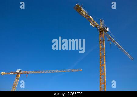 Zwei hohe gelbe Turmdrehkrane kräne gegen einen schlichten blauen Himmel Stockfoto